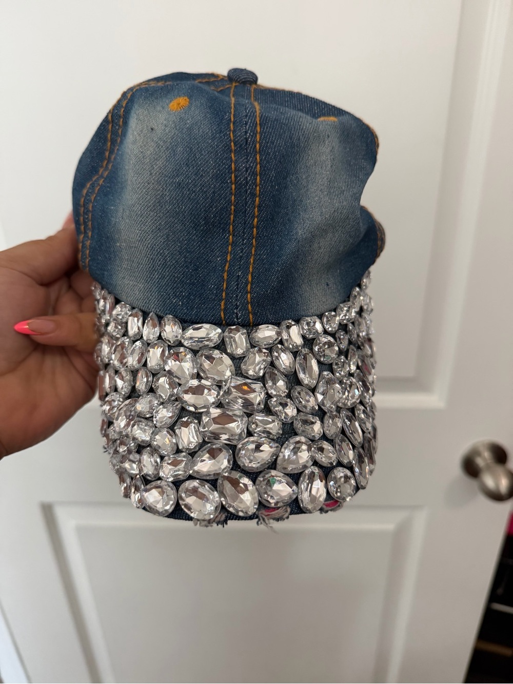 Denim Crystal-Embellished Baseball Cap - Blue